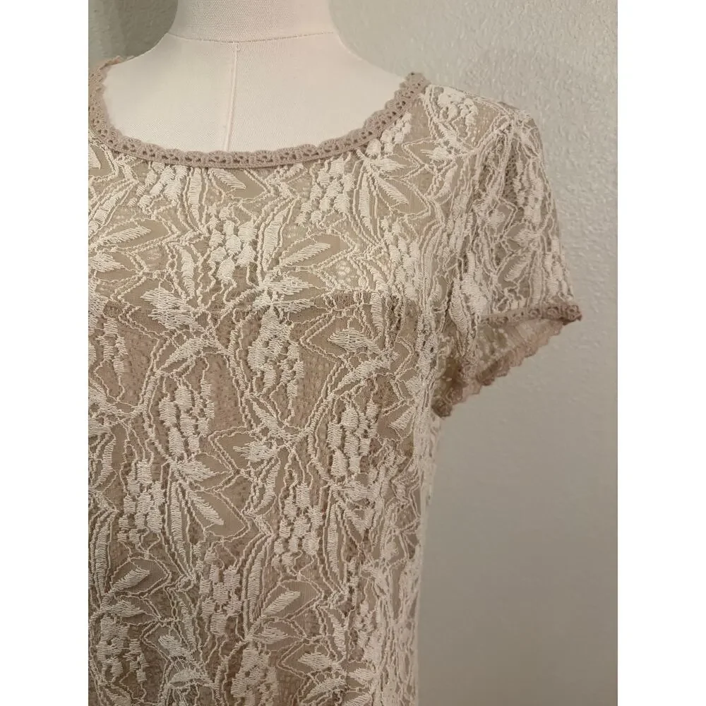 SUNDANCE Dress | Ivory Lace Sweetheart Midi Lined Short Sleeve Romantic | LARGE - Picture 4 of 9
